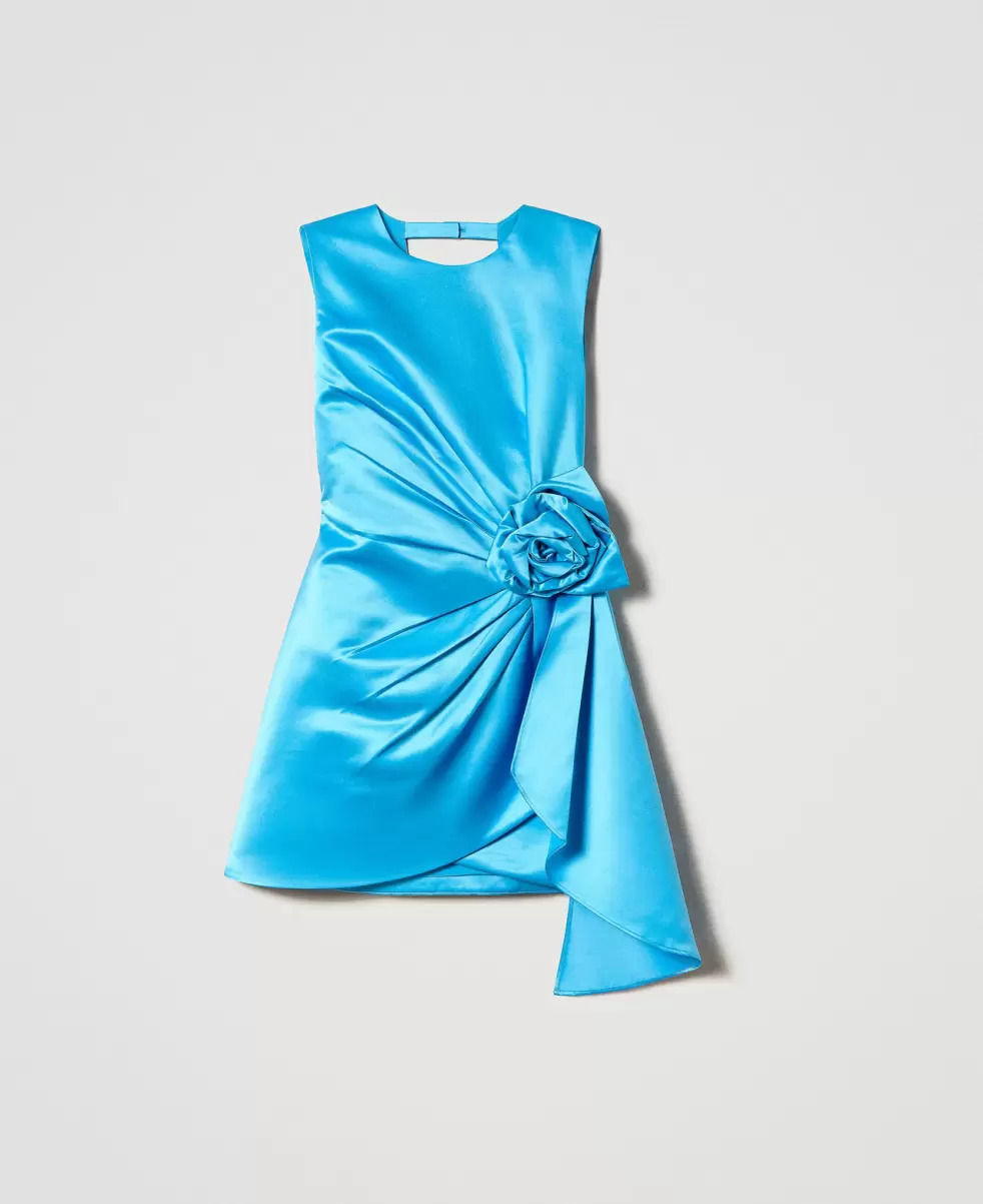 Robustheit Damen Festliche Kleider Malibu-Blau Twinset Kurzes Kleid Aus Duchesse Mit Rose - 1