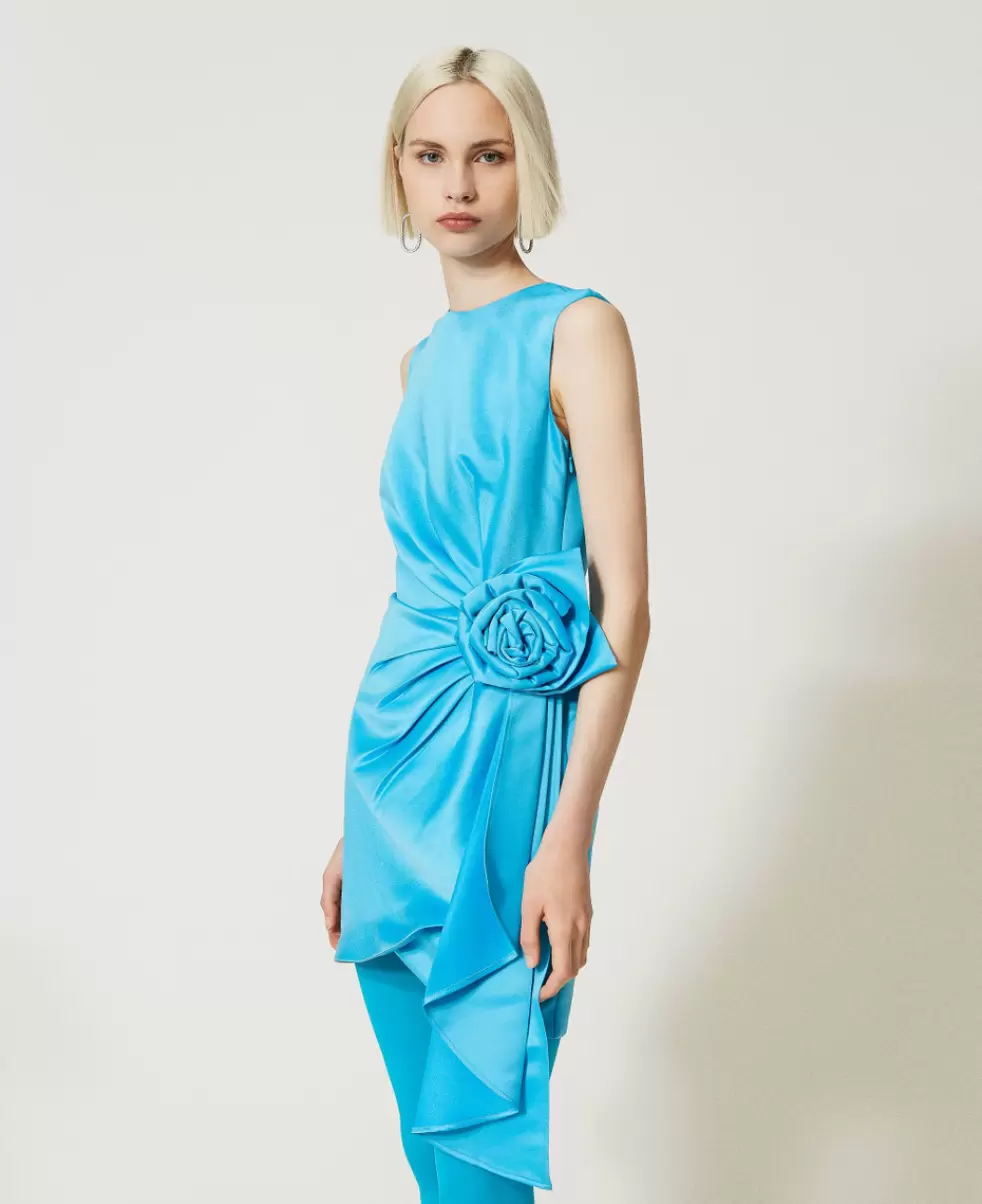 Robustheit Damen Festliche Kleider Malibu-Blau Twinset Kurzes Kleid Aus Duchesse Mit Rose - 4
