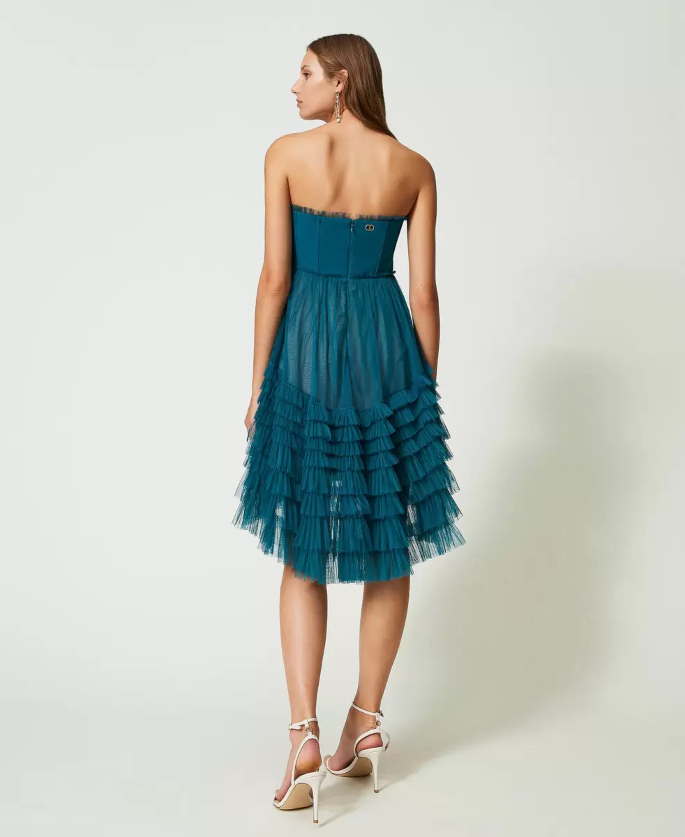 Damen Twinset Festliche Kleider Hellblau Mineralgrün Kurzes Kleid Aus Plissiertem Tüll Leistung - 2