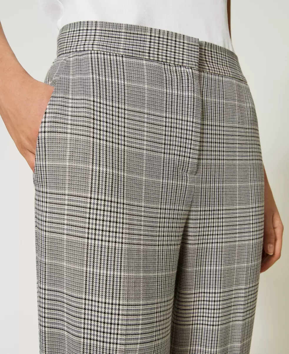 Damen Elegante Hosen Cropped-Hose Mit Prince-Of-Wales-Muster Verkaufspreis Karos Schnee / Schwarz Twinset - 4