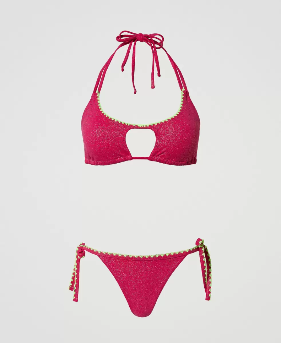 Das Günstigste Pink Dahlia-Fuchsia Damen Triangel-Bikinitop Und Tanga Mit Stickereien Bikini Twinset - 3