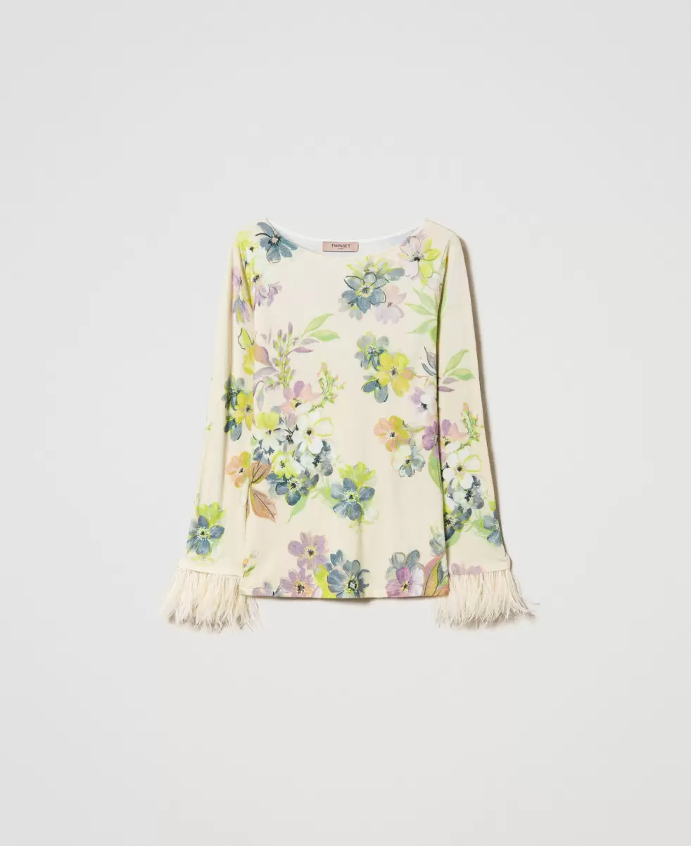 Twinset Blumenprint Elfenbein / Pastell Damen Marketing Pullover Mit Blumenprint Und Federn Pullover Und Cardigans - 1