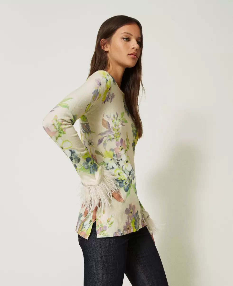 Twinset Blumenprint Elfenbein / Pastell Damen Marketing Pullover Mit Blumenprint Und Federn Pullover Und Cardigans - 3