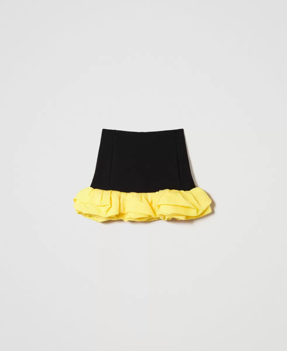 Damen Twinset Zweifarbig Schwarz/ Golden Kiwi-Gelb Marke Minirock Mit Rüschen Aus Geprägtem Taft Röcke - 4