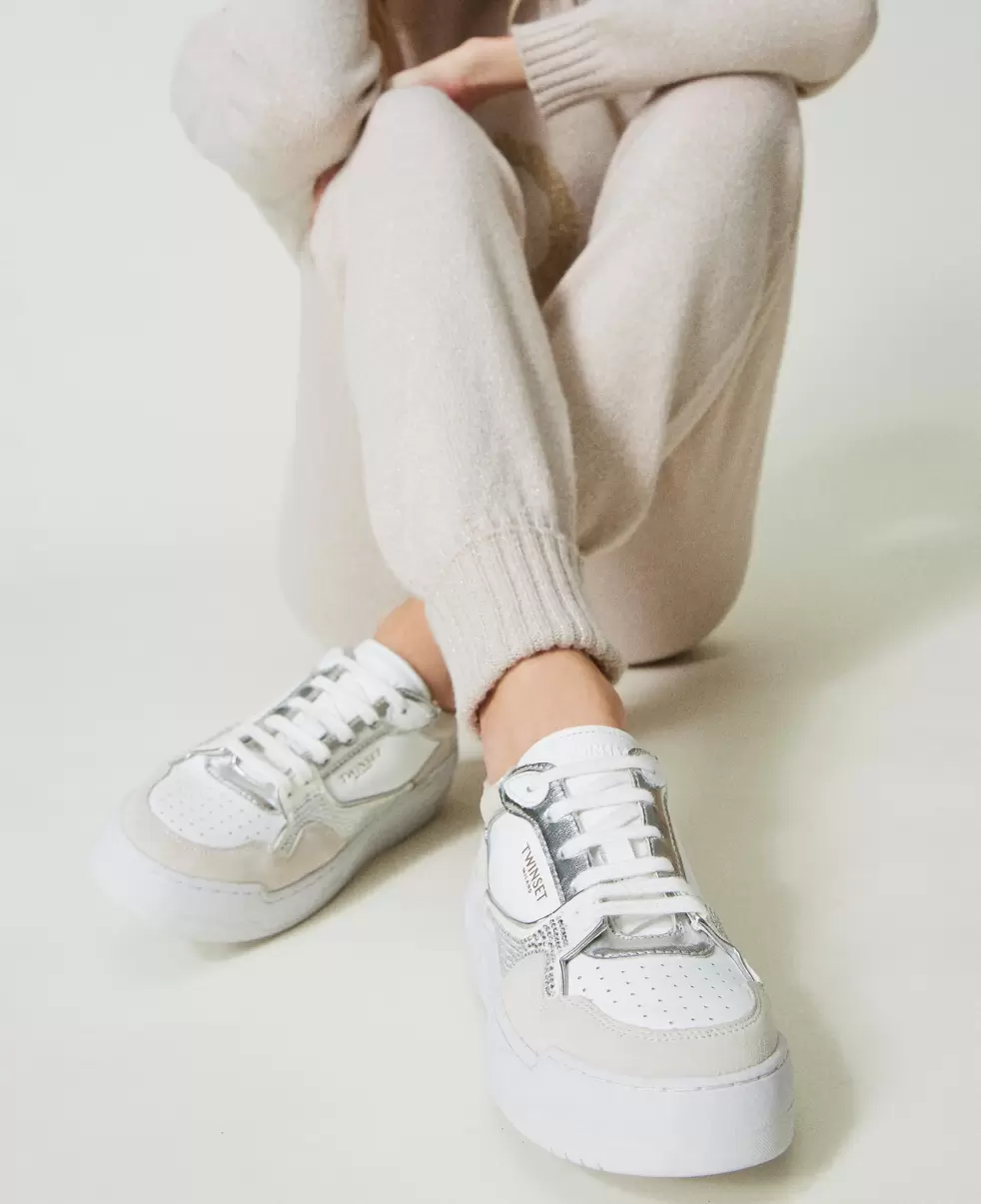 Nachhaltigkeit Sneakers Damen Twinset Ledersneaker Mit Strass Und Logo Weiß - 1