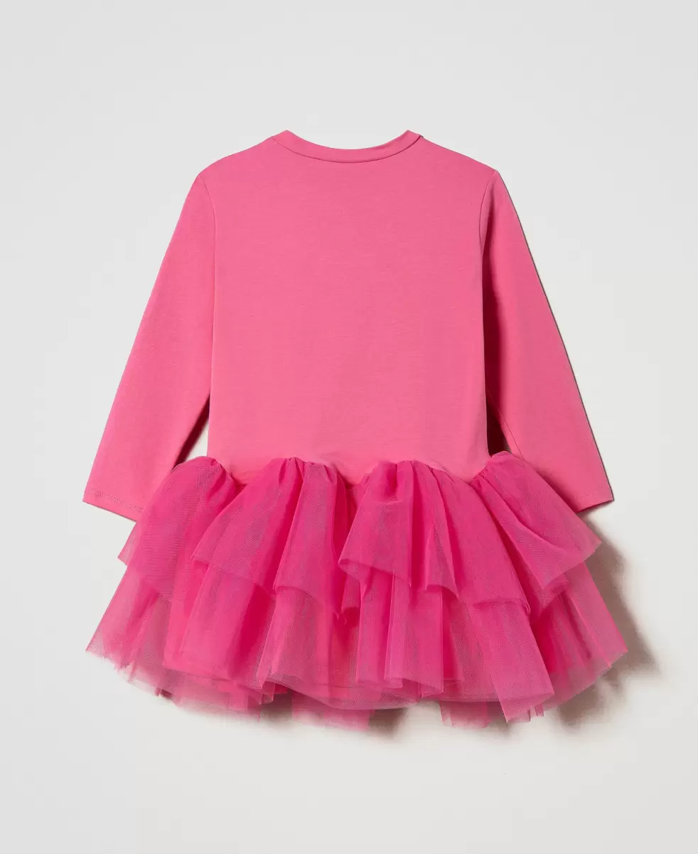 Mode Print Katze Neonpink Kleider Twinset Kurzes Printkleid Mit Tüll Mädchen - 1