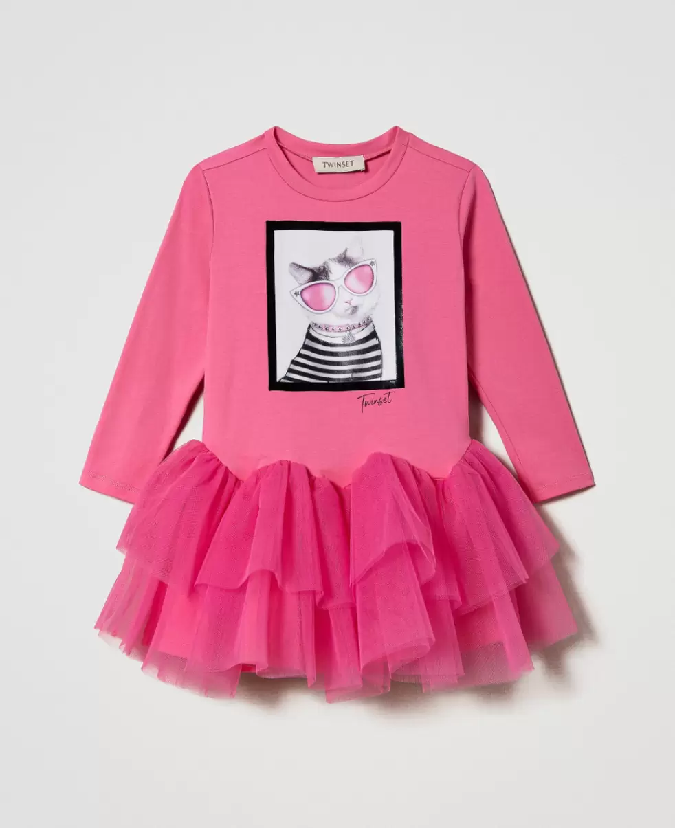 Mode Print Katze Neonpink Kleider Twinset Kurzes Printkleid Mit Tüll Mädchen