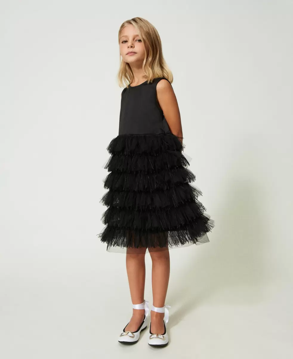 Schwarz Twinset Neues Produkt Mädchen Kurzes Kleid Aus Duchesse Und Tüll Kleider
