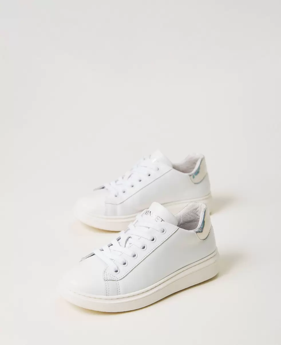 Zweifarbig Lucent White / Changierend Stilvoll Twinset Ledersneaker Mit Irisierendem Detail Mädchen Schuhe - 1