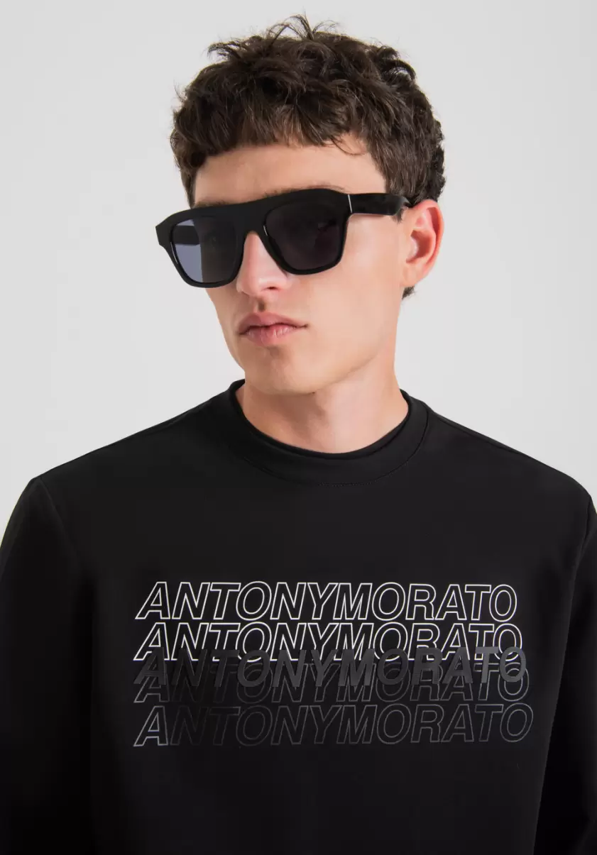 Schwarz Herren Sweatshirts Antony Morato Sweatshirt Slim Fit Aus Weicher Stretch-Baumwolle Mit Kontrastierendem Gummiertem Logo-Print - 2