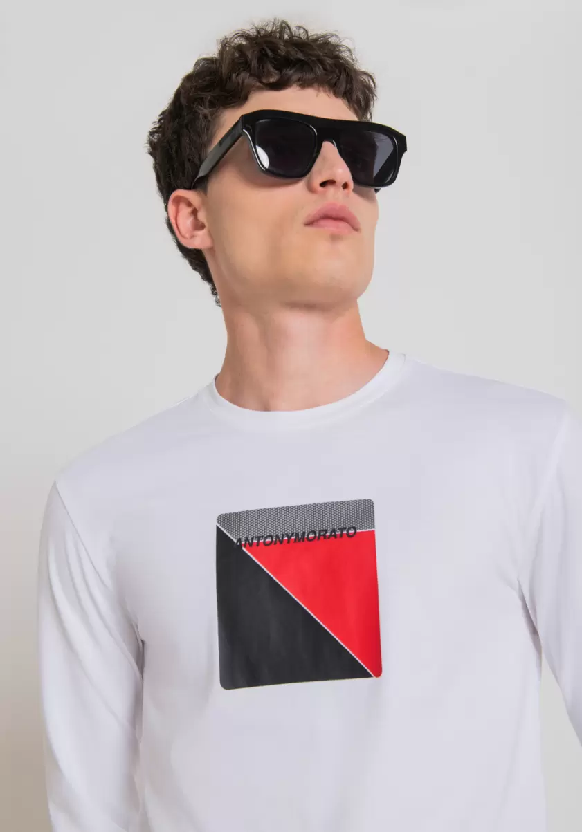 T-Shirts Und Polo Antony Morato Herren Weiß T-Shirt Super Slim Fit Mit Langen Ärmeln Aus Baumwollstretch Mit Gummiertem Logo-Print - 1