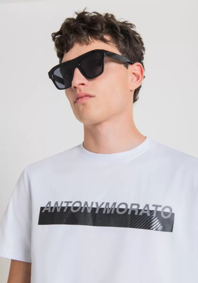 Herren T-Shirts Und Polo T-Shirt Slim Fit Aus 100 % Baumwolle Mit Logo-Print In Gummi-Optik Weiß Antony Morato - 1