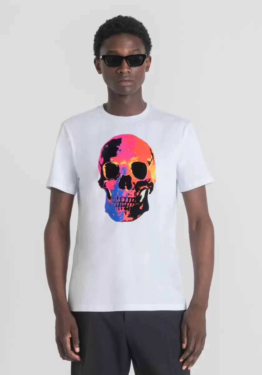 T-Shirt Slim Fit Aus 100 % Weicher Baumwolle Mit Totenkopf-Print Herren Weiß T-Shirts Und Polo Antony Morato