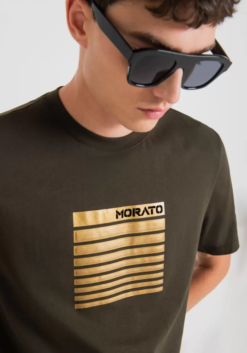 T-Shirt Regular Fit Aus 100 % Baumwolle Mit Flock-Print T-Shirts Und Polo Herren Dunkles Militärgrün Antony Morato - 1
