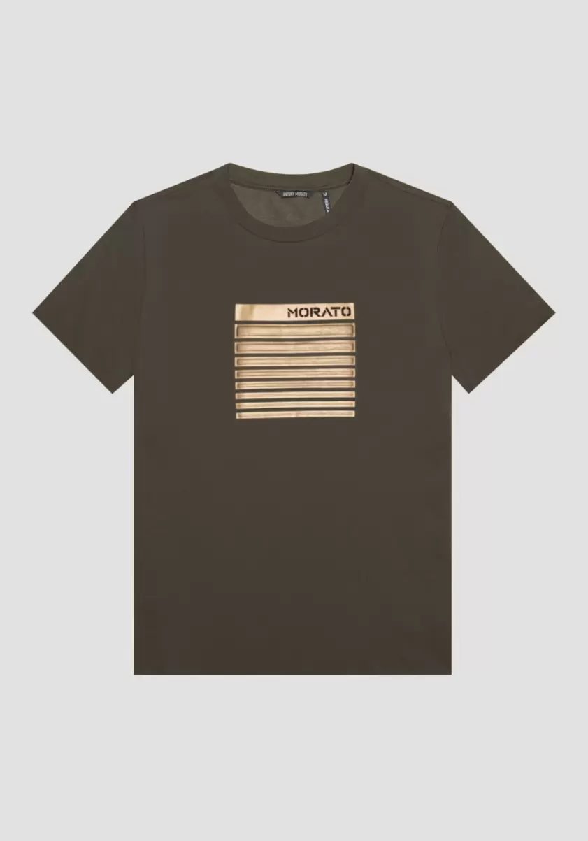 T-Shirt Regular Fit Aus 100 % Baumwolle Mit Flock-Print T-Shirts Und Polo Herren Dunkles Militärgrün Antony Morato - 3