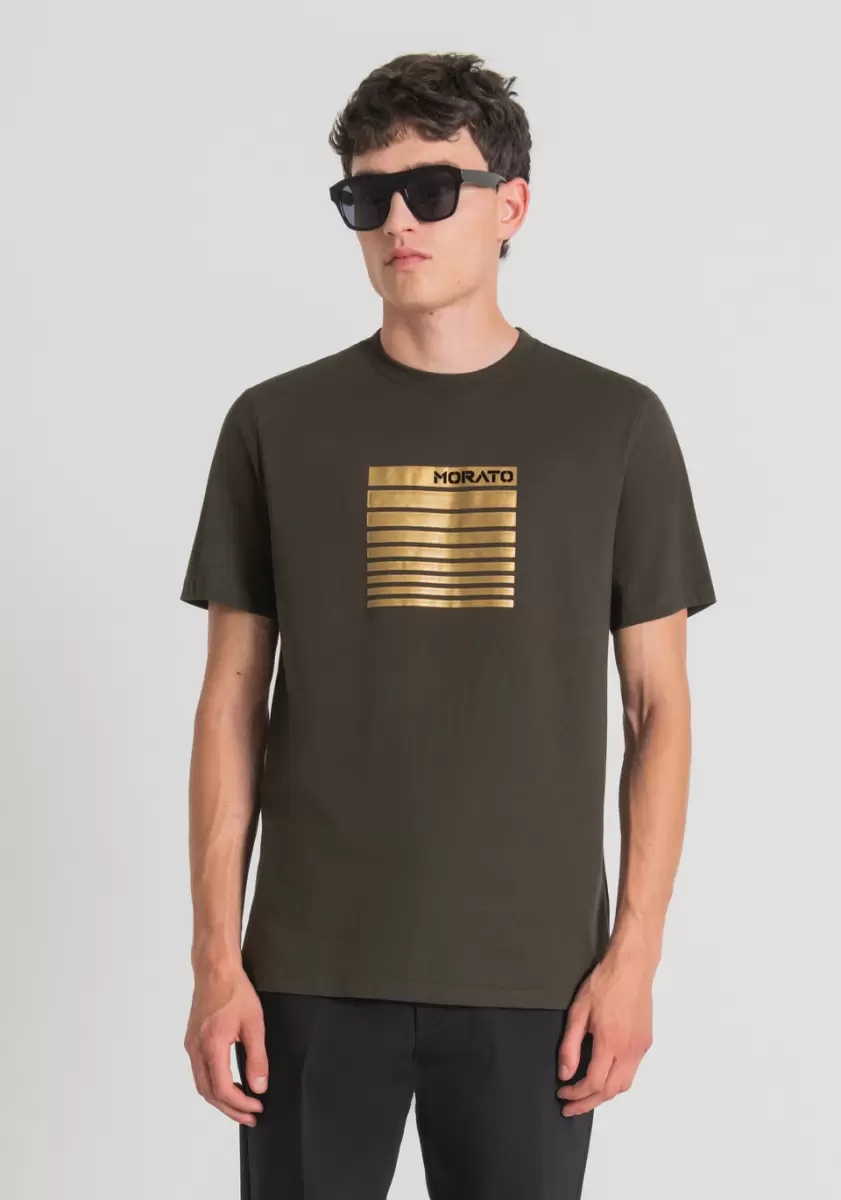 T-Shirt Regular Fit Aus 100 % Baumwolle Mit Flock-Print T-Shirts Und Polo Herren Dunkles Militärgrün Antony Morato