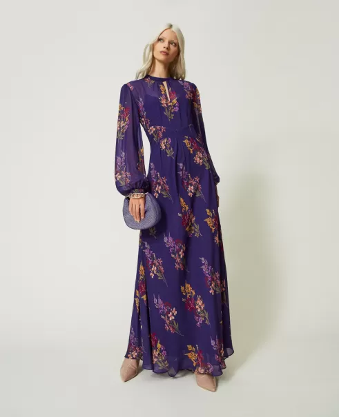 Damen Preisanpassung Print Jolies Fleurs / Dunkles Lavendel Festliche Kleider Maxikleid Aus Georgette Mit Blumen Und Tupfen Twinset