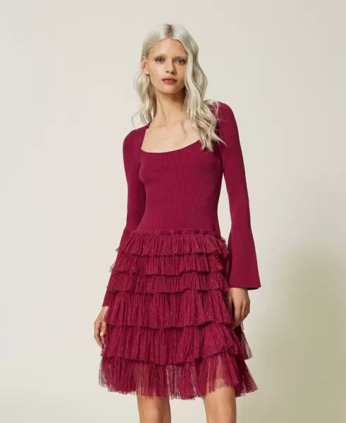 Qualität Twinset Festliche Kleider Damen Raspberry Radiance-Violett Kurzes Strickkleid Mit Tüllvolants