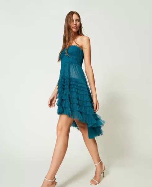Damen Twinset Festliche Kleider Hellblau Mineralgrün Kurzes Kleid Aus Plissiertem Tüll Leistung
