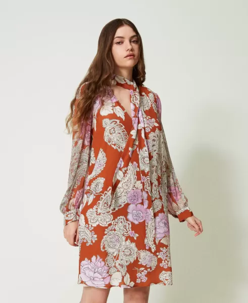Damen Kurzes Kleid Aus Krepp Und Krepon Twinset Preissenkung Kurze Kleider Print Cachemire Mix Leather Brown
