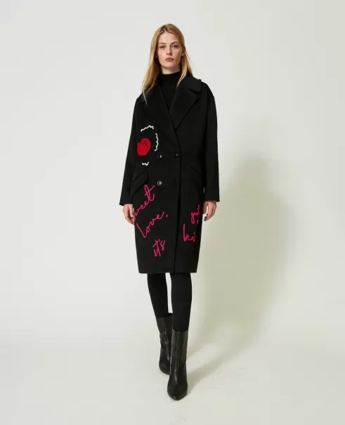 Zweireihiger Mantel Aus Gerautem Wollmischgewebe Mit Stickereien Preisgestaltung Mäntel Und Trenchcoats Twinset Schwarz Damen