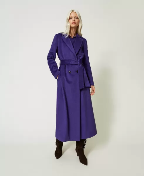 Twinset Damen Preis Langer Mantel Aus Tuch Aus Wollmischung Mäntel Und Trenchcoats Dunkles Lavendel