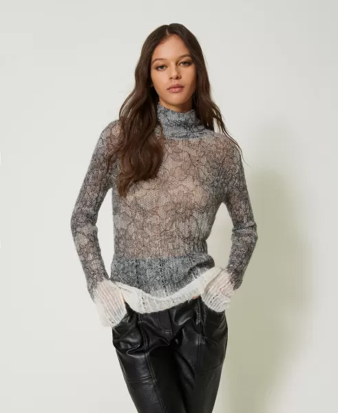 Twinset Damen Pullover Und Cardigans Print Spitze Elfenbein / Schwarz Pullover Aus Wolle Und Mohair Mit Spitzenprint Angebot