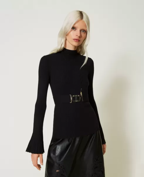 Damen Twinset Pullover Und Cardigans Figurbetonter Pullover Mit Oval T-Schließe Schwarz Flexibilität