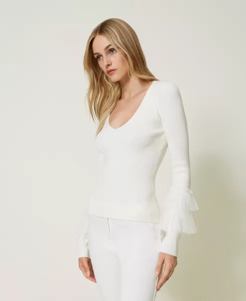 Weiß Schnee Qualität Twinset Figurbetonter Pullover Mit Tüllvolants Pullover Und Cardigans Damen