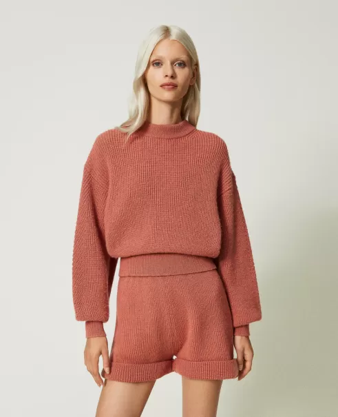 Pullover Und Cardigans Bestehendes Produkt Twinset Damen Gerippter Pullover Aus Wolle Und Alpaka Rosette