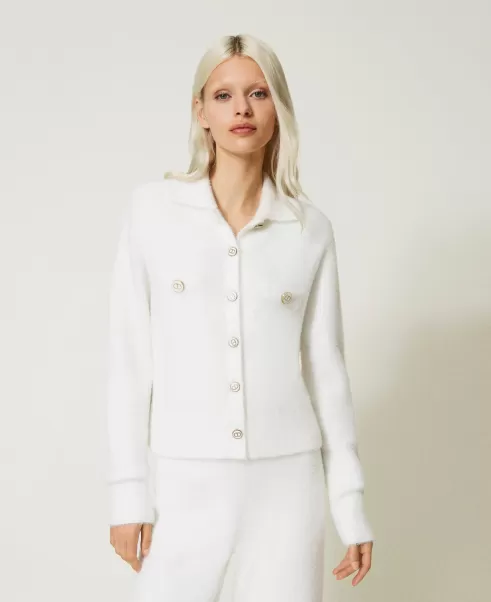 Kurze Strickjacke Aus Jacquard-Piqué Hersteller Twinset Weiß Schnee Damen Pullover Und Cardigans