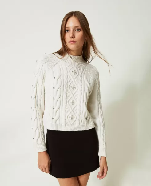 Markenpositionierung Twinset Weiß Schnee Damen Pullover Und Cardigans Von Hand Bestickter Pullover Aus Wollmischung