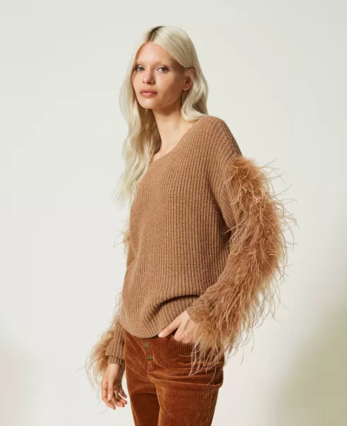 Mode Pullover Aus Wollmischung Mit Federn Twinset Pecan Brown Damen Pullover Und Cardigans