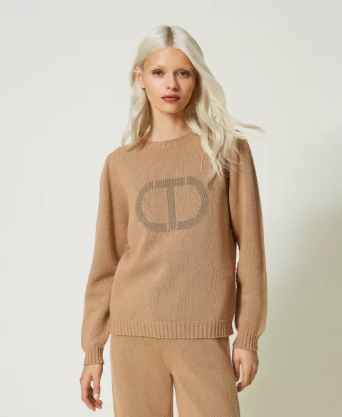 Damen Pullover Aus Wolle-Lurex-Mischung Mit Oval Ts Twinset Ausfahrt Pullover Und Cardigans Pecan Brown