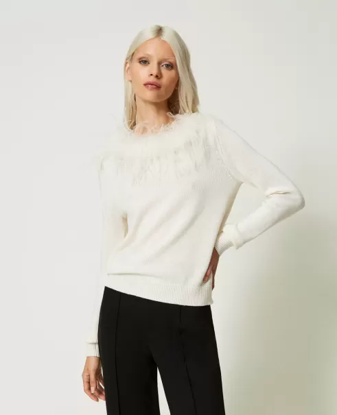 Twinset Pullover Und Cardigans Damen Regular-Fit-Pullover Aus Wollmischung Mit Federn Mode Weiß Schnee