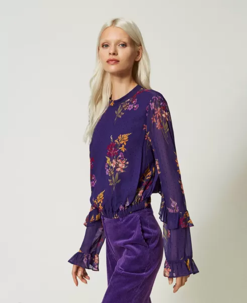 Damen Print Jolies Fleurs / Dunkles Lavendel Blusen Und Hemden Bestehendes Produkt Bluse Aus Georgette Mit Blumen Und Tupfen Twinset