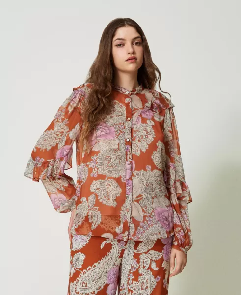 Print Cachemire And Rose Leather Blusen Und Hemden Damen Hemd Aus Krepon Mit Volant Neues Produkt Twinset