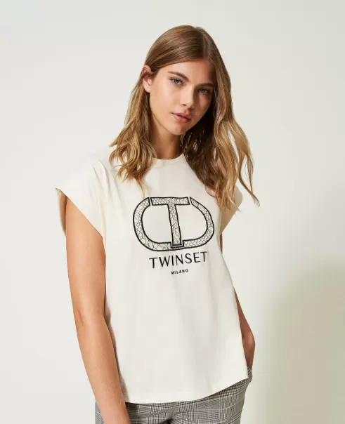 T-Shirts Und Tops Damen Chantily Twinset T-Shirt Mit Aufgesticktem Oval T Rabattgewährung