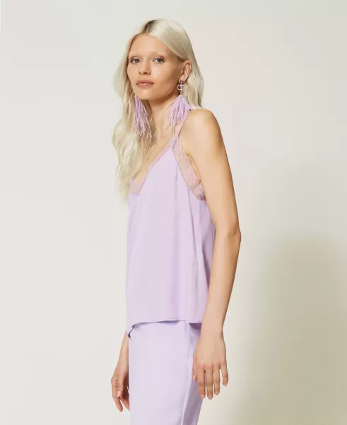 Twinset T-Shirts Und Tops Top Aus Satin Mit Spitze Damen Geschäft Lavendellila