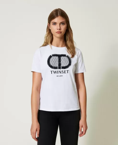 Twinset Weiß Stickerei Schwarz Damen T-Shirts Und Tops Produkt T-Shirt Im Regular-Fit Mit Oval T Und Spitze