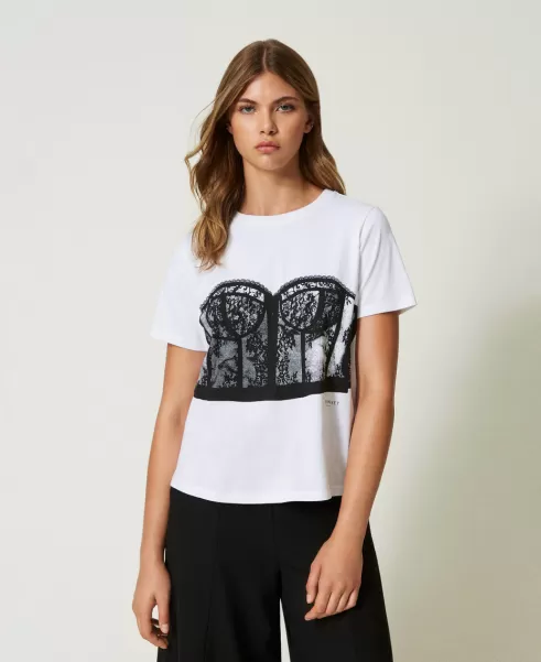 Schnäppchen Damen T-Shirt Im Regular-Fit Mit Bustierprint Twinset Weiß T-Shirts Und Tops