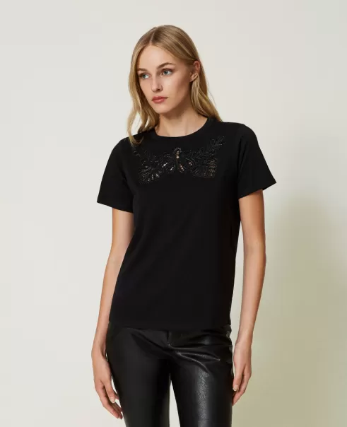 T-Shirt Mit Lochstickereien Schwarz Damen Ermäßigung Twinset T-Shirts Und Tops