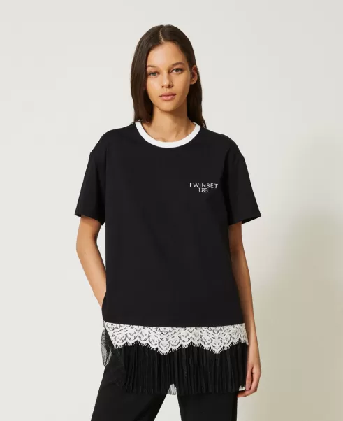 Twinset T-Shirts Und Tops Zweifarbig Schwarz / Vanille Maxi-T-Shirt Mit Spitze Und Plissiertem Tüll Online-Shop Damen