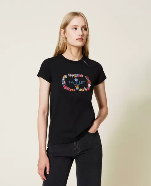 Entwicklung Twinset Damen T-Shirt Mit Logo Und Blumenstickerei T-Shirts Und Tops Schwarz