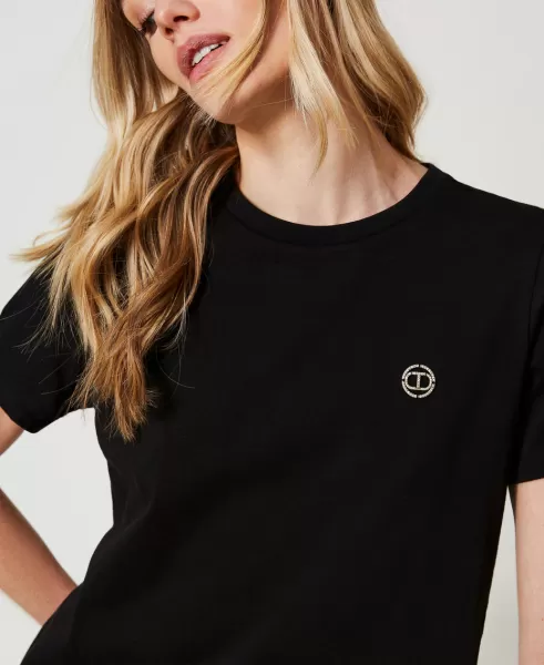 Schwarz Damen T-Shirt Mit Oval T-Plakette Twinset Exportieren T-Shirts Und Tops