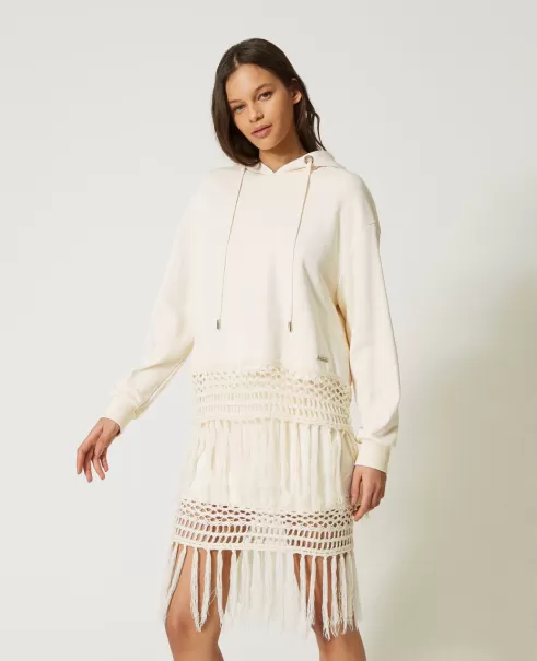 Damen Twinset Weiß Vanille Kompatibilität Besticktes Sweatshirt Mit Fransen Sweatshirts Und -Jacken