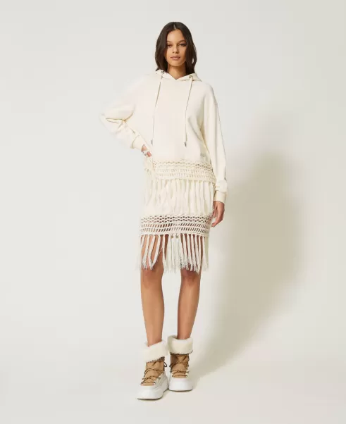 Damen Twinset Röcke Kompatibilität Mini-Sweatrock Mit Fransen Weiß Vanille