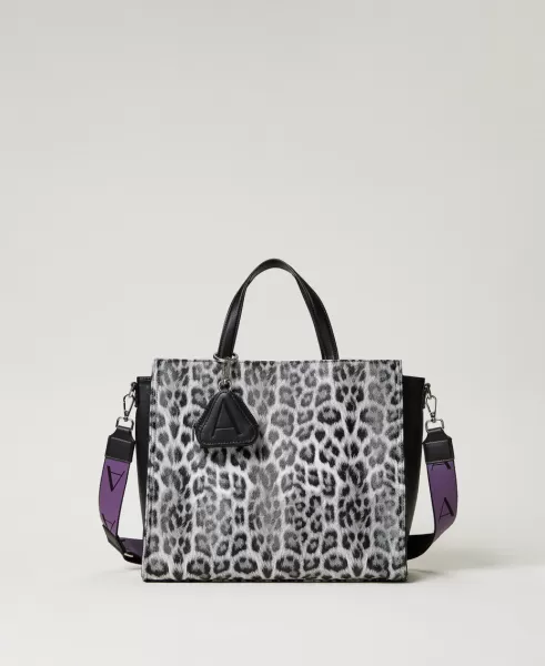 Modell Damen Shopper Mit Animalprint Twinset Print Leopard Black And White Handtaschen