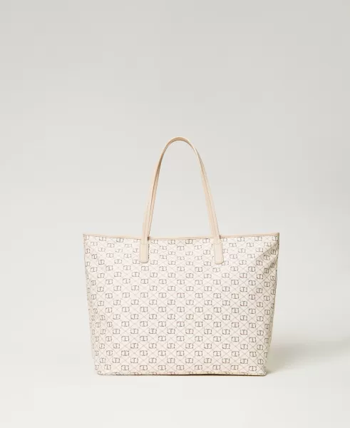 Damen Handtaschen Shopper Mit Oval T- Und Blumen-Logoprint Twinset Angebot Oval T Flower Und Twinset / Elfenbein