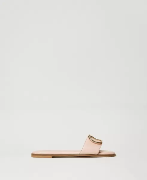 Flache Schuhe Slide-Sandale Aus Leder Mit Oval T-Logo Funktionalität Twinset Damen Pink Mousse
